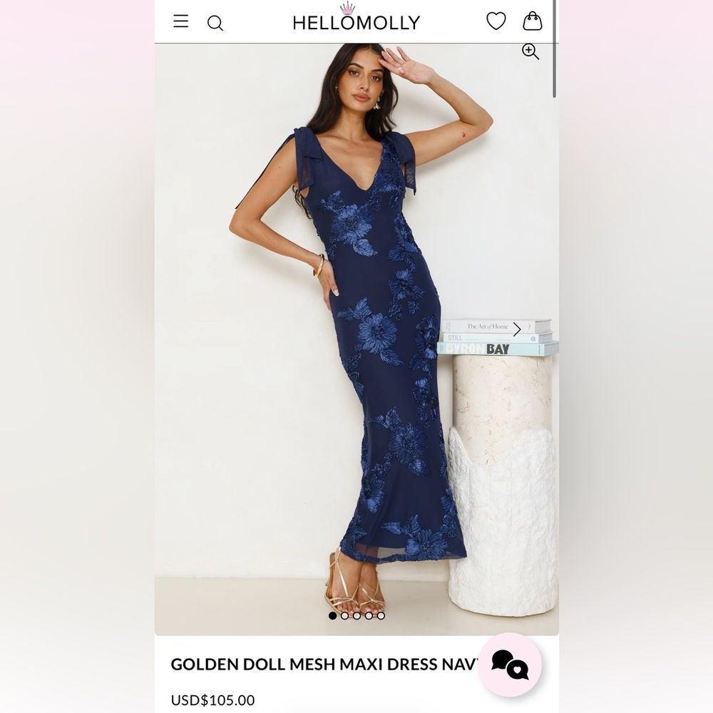 Hello Molly Golden Doll Mesh Navy Floral Embroidered V-Neck Dress